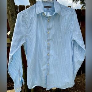 Elegant Express 100% cotton stretch pinstripe buttondown work shirt S pale blue